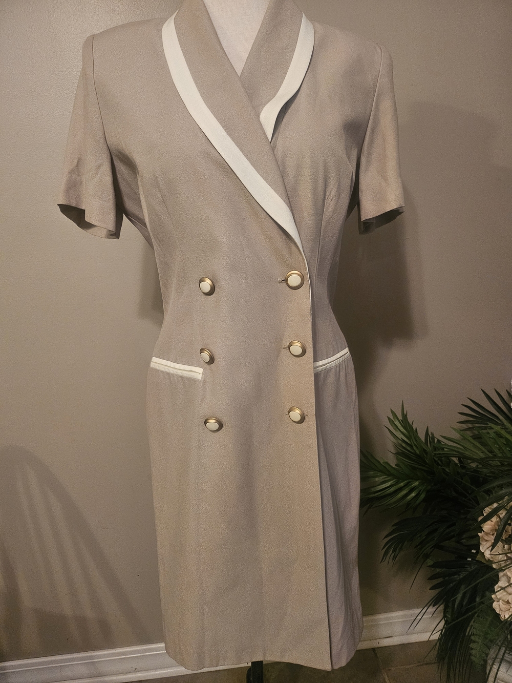 Danny & Nicole 80's Taupe Midi Vintage Dress with White Trim